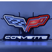 Neonetics Corvette C6 crossed flags neon sign with red and white hand-blown glass neon over a full-color logo background.