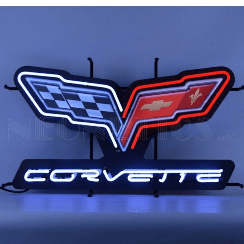 Neonetics Corvette C6 crossed flags neon sign with red and white hand-blown glass neon over a full-color logo background.