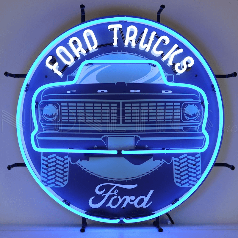 Neonetics Ford Trucks Square Body neon sign with white and blue hand-blown glass neon over a vintage truck background.