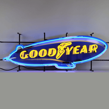 Neonetics Goodyear Blimp neon sign featuring blue and yellow hand-blown glass neon over a full-color logo.