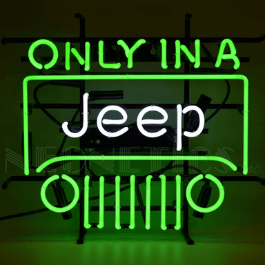 Neonetics Only In A Jeep neon sign featuring green and white hand-blown glass neon in the shape of a Jeep grille.