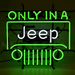 Neonetics Only In A Jeep neon sign featuring green and white hand-blown glass neon in the shape of a Jeep grille.