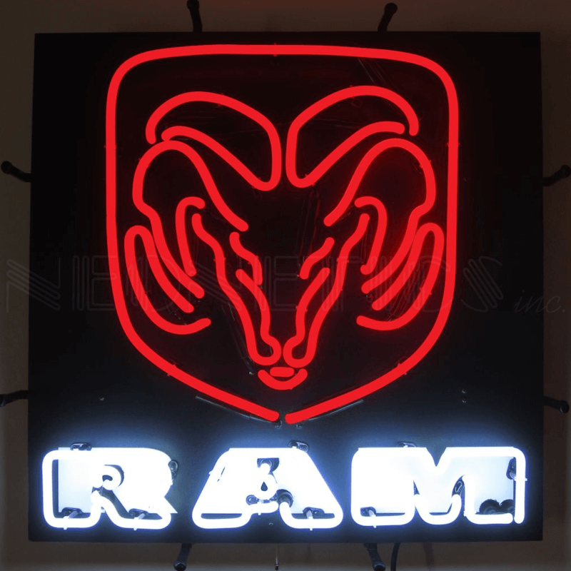 Neonetics RAM head logo neon sign with red hand-blown glass tubing and black metal grid support.