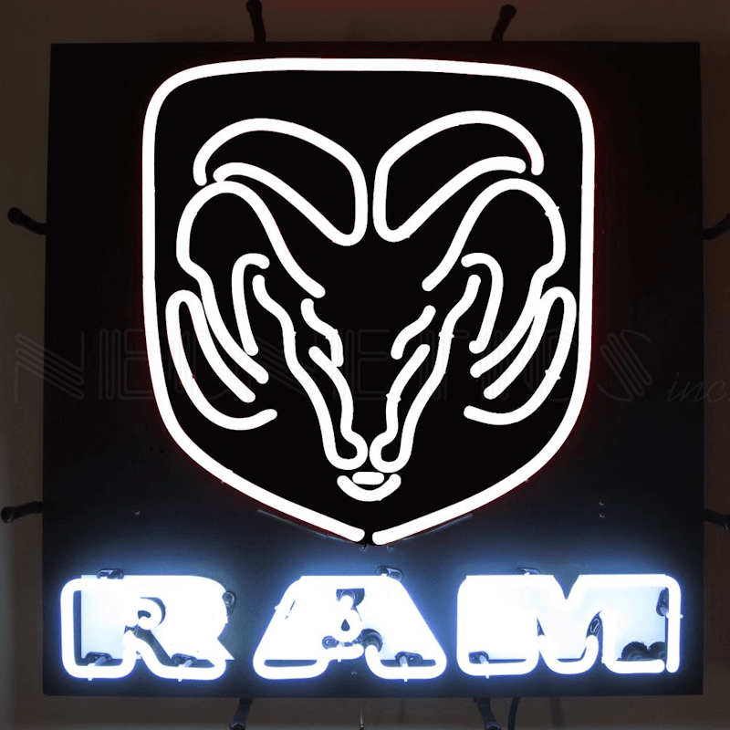 Neonetics RAM head logo neon sign with white hand-blown glass tubing and black metal grid support.