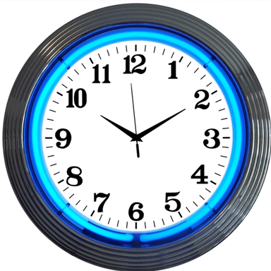 Neonetics 15-inch chrome rim neon clock with hand-blown blue glass neon ring and alphanumeric face.
