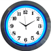 Neonetics 15-inch chrome rim neon clock with hand-blown blue glass neon ring and alphanumeric face.