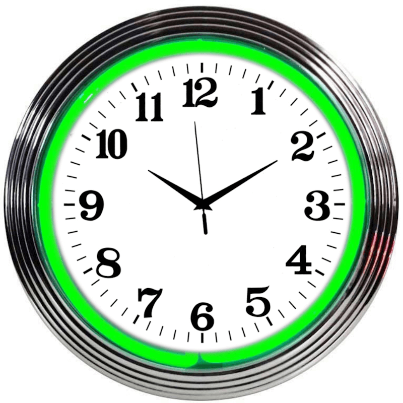 Neonetics alphanumeric wall clock featuring a vibrant green real glass neon ring and multi-tiered chrome rim.