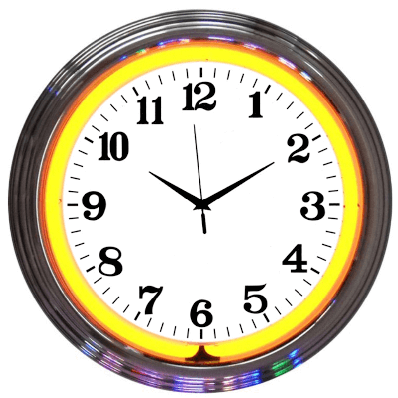 15" Neonetics chrome Art Deco style neon clock with authentic orange hand-blown glass neon tubing.