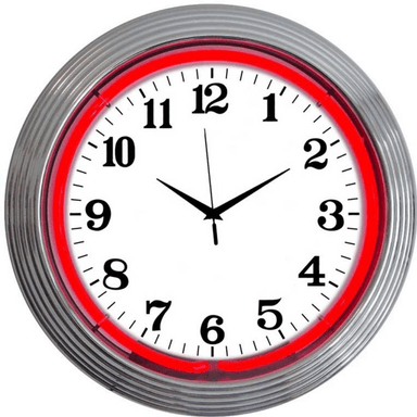 Neonetics chrome-finished alphanumeric neon clock with a warm red glowing glass neon ring.