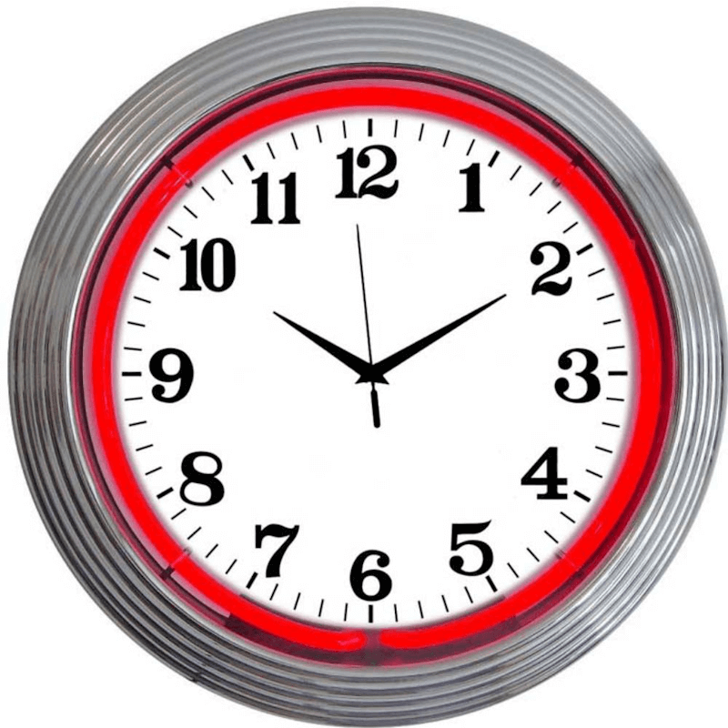 Neonetics chrome-finished alphanumeric neon clock with a warm red glowing glass neon ring.