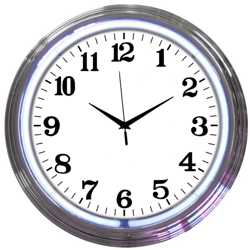Neonetics 15" chrome rim wall clock featuring a crisp white authentic glass neon ring for garage or office.