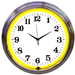 Neonetics alphanumeric neon clock with a bright yellow hand-blown glass neon tube and polished chrome housing.