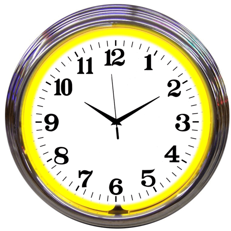 Neonetics alphanumeric neon clock with a bright yellow hand-blown glass neon tube and polished chrome housing.