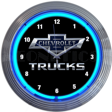 Neonetics Chevy Trucks 100th Anniversary neon clock featuring blue hand-blown glass neon and a chrome Art Deco style rim.