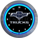 Neonetics Chevy Trucks 100th Anniversary neon clock featuring blue hand-blown glass neon and a chrome Art Deco style rim.