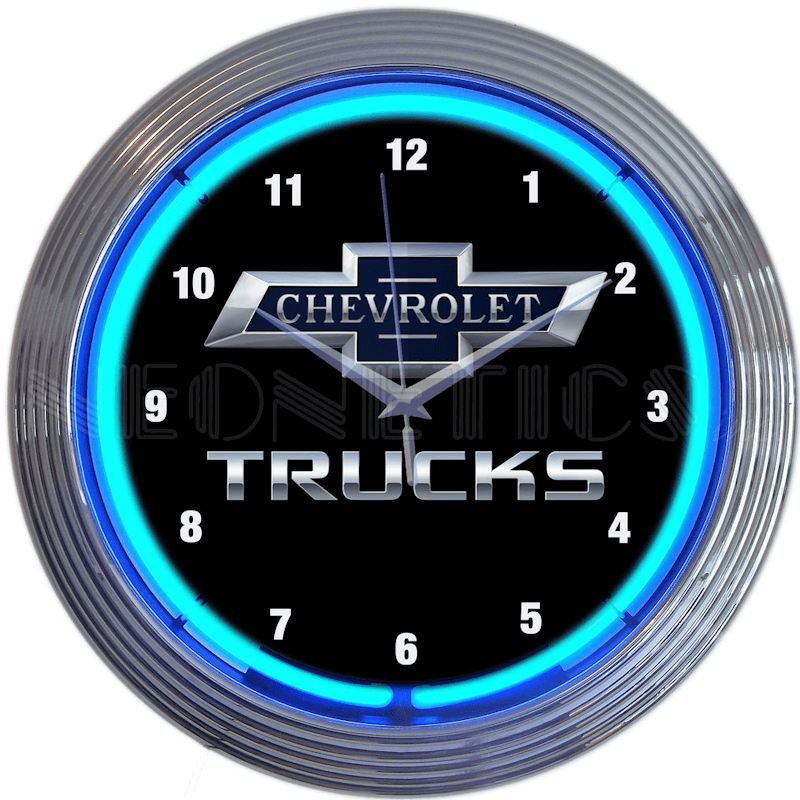 Neonetics Chevy Trucks 100th Anniversary neon clock featuring blue hand-blown glass neon and a chrome Art Deco style rim.