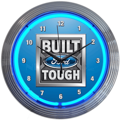 Neonetics Built Ford Tough neon clock featuring blue hand-blown glass neon and a chrome Art Deco style rim.