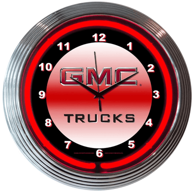 Neonetics GMC neon clock featuring red hand-blown glass neon and a chrome Art Deco style rim.