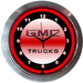 Neonetics GMC neon clock featuring red hand-blown glass neon and a chrome Art Deco style rim.