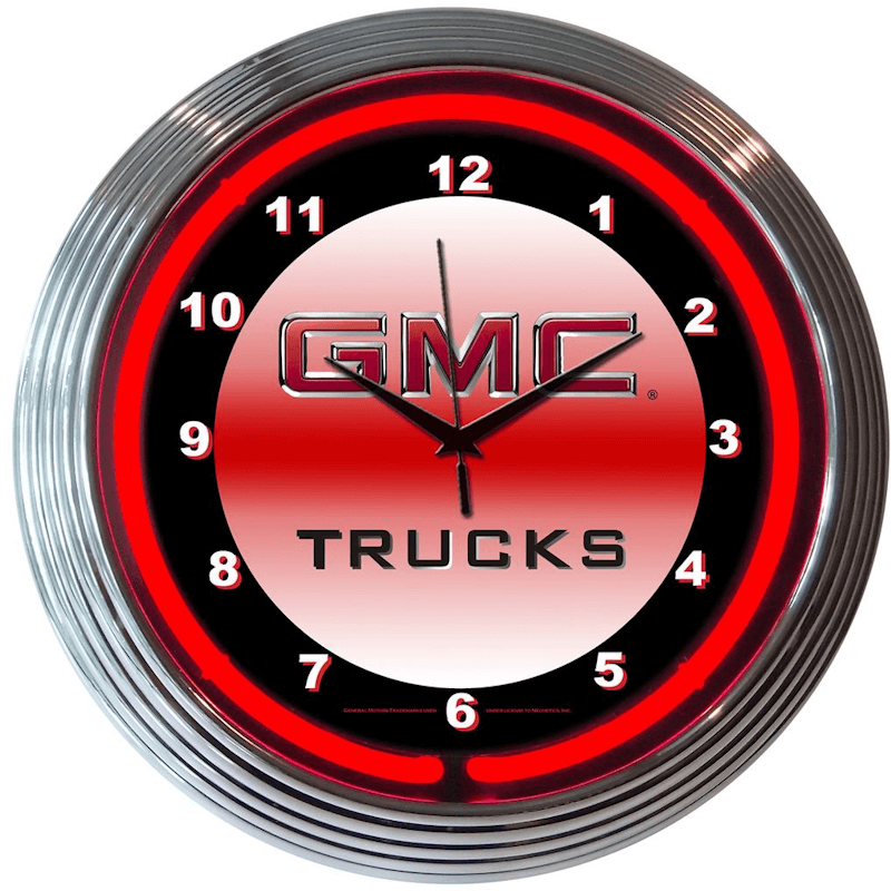 Neonetics GMC neon clock featuring red hand-blown glass neon and a chrome Art Deco style rim.