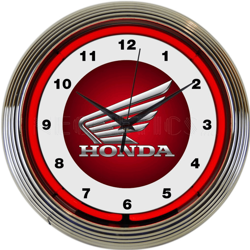 Neonetics Honda neon clock featuring red hand-blown glass neon, chrome Art Deco rim, and official Honda logo.