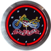 Neonetics Live To Ride Motorcycle neon clock featuring red hand-blown glass neon and a chrome Art Deco style rim.