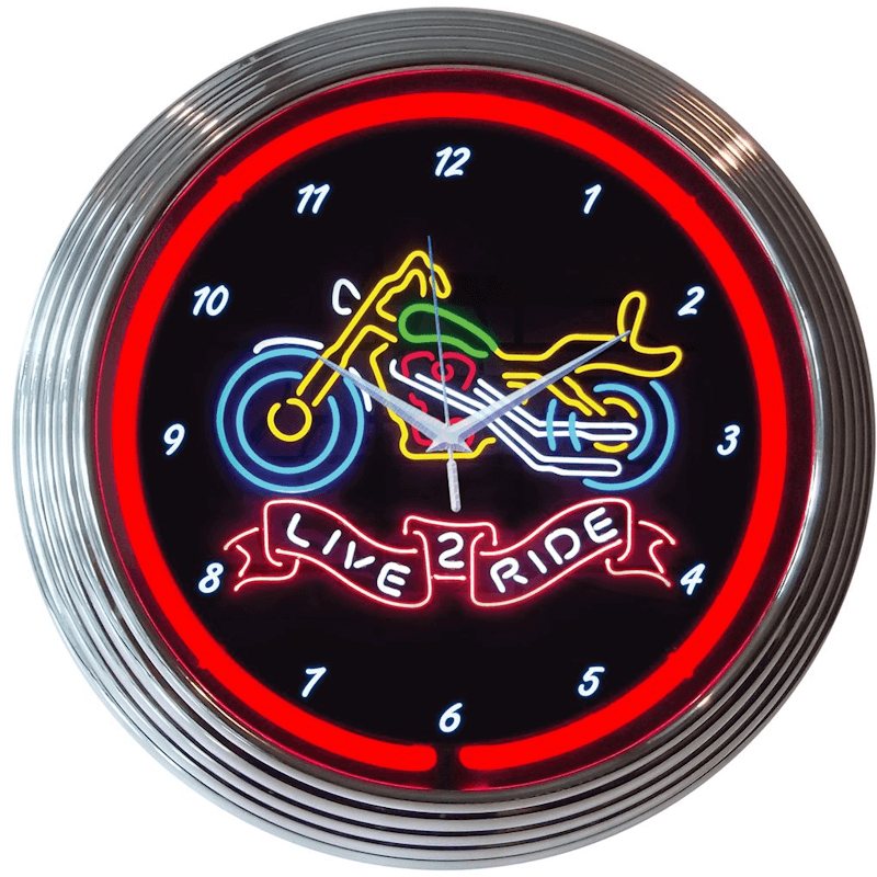Neonetics Live To Ride Motorcycle neon clock featuring red hand-blown glass neon and a chrome Art Deco style rim.