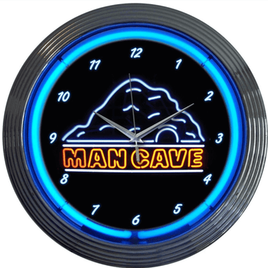 Neonetics Man Cave neon clock featuring blue hand-blown glass neon and a chrome Art Deco style rim.