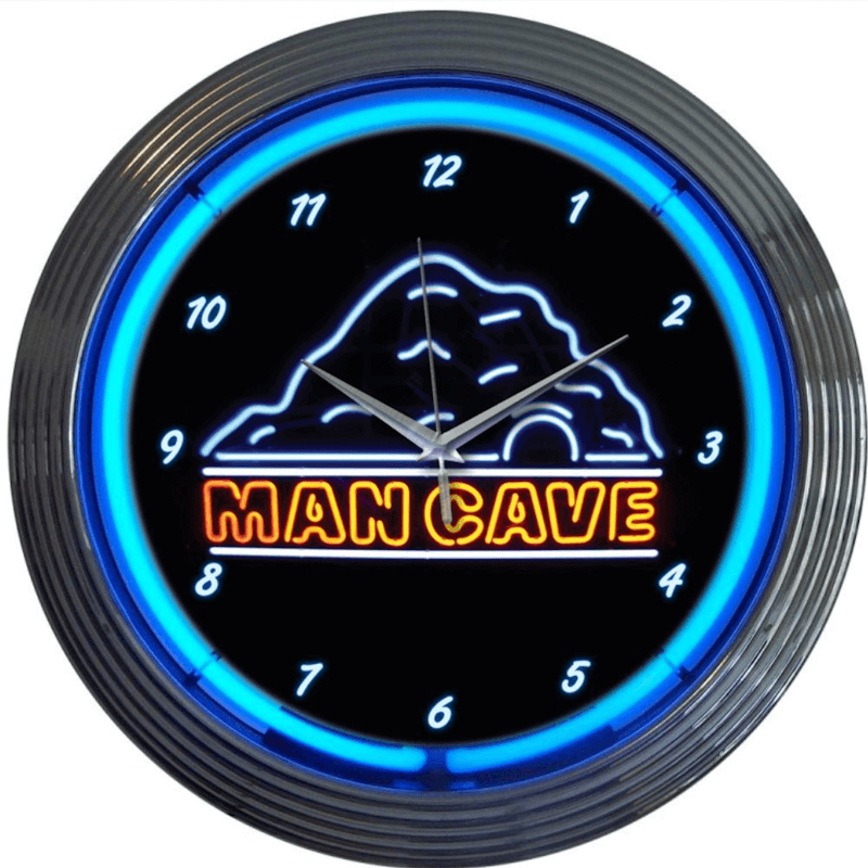 Neonetics Man Cave neon clock featuring blue hand-blown glass neon and a chrome Art Deco style rim.