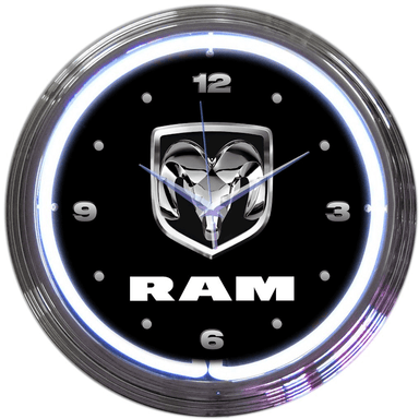Neonetics RAM logo neon clock featuring white hand-blown glass neon and chrome Art Deco style rim.