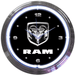 Neonetics RAM logo neon clock featuring white hand-blown glass neon and chrome Art Deco style rim.