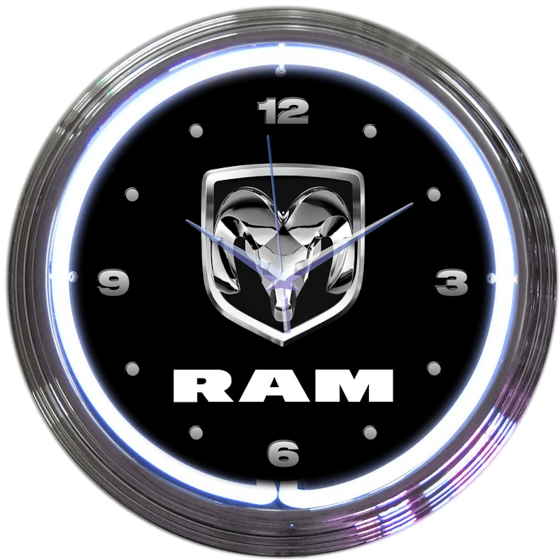 Neonetics RAM logo neon clock featuring white hand-blown glass neon and chrome Art Deco style rim.