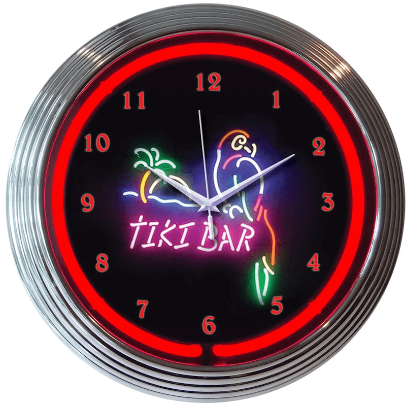 Neonetics Tiki Bar neon clock featuring red hand-blown glass neon and a chrome Art Deco style rim.