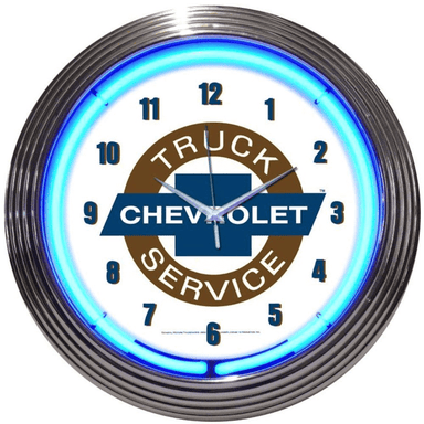 Neonetics Chevy Trucks Chevrolet Service neon clock featuring blue hand-blown glass neon and a chrome Art Deco style rim.
