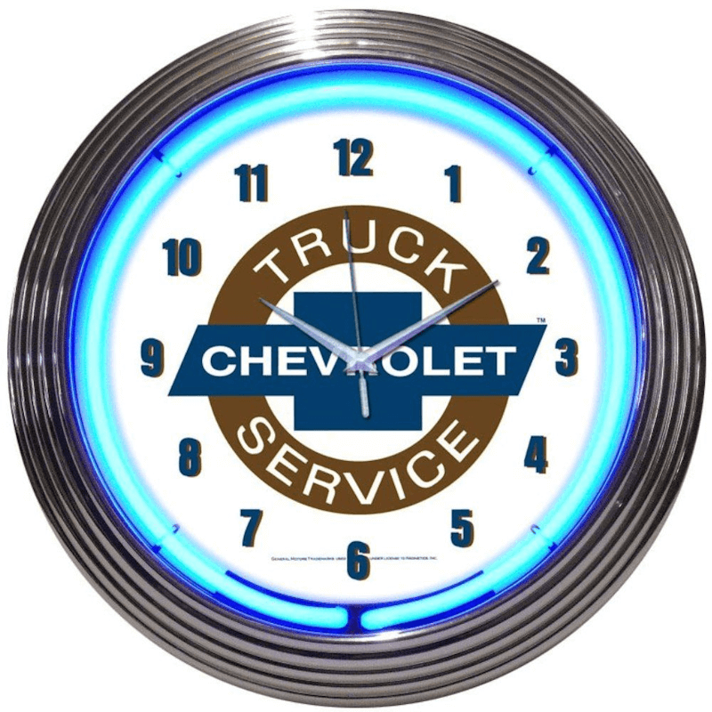 Neonetics Chevy Trucks Chevrolet Service neon clock featuring blue hand-blown glass neon and a chrome Art Deco style rim.