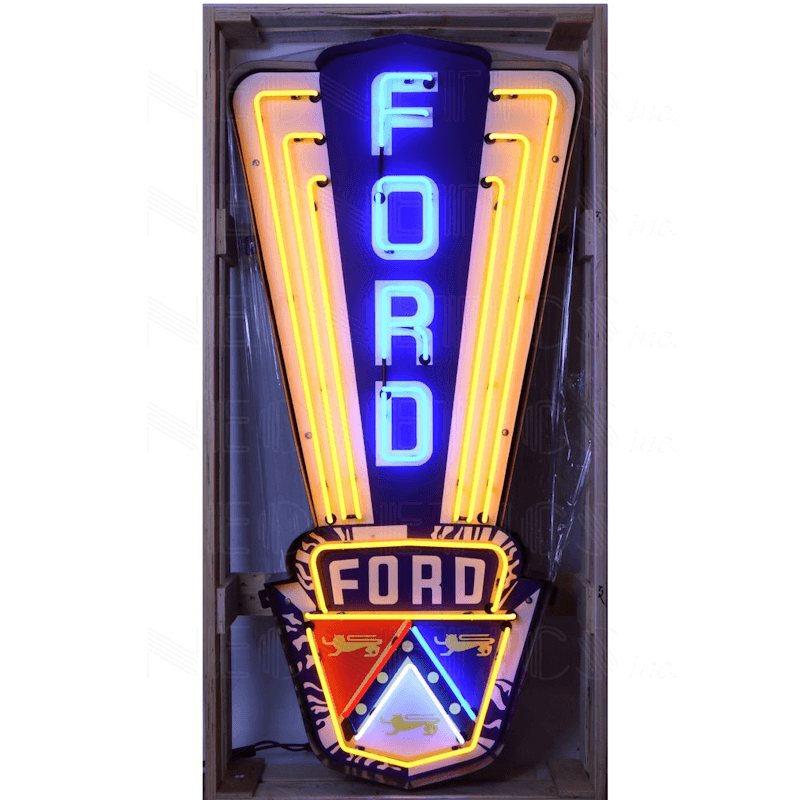 Large 5-foot Neonetics Ford Jubilee Crest neon sign in shaped black steel can with multi-colored hand-blown glass neon.