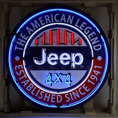 36-inch Neonetics Jeep The American Legend neon sign in black steel can with red, white, and blue glass neon.