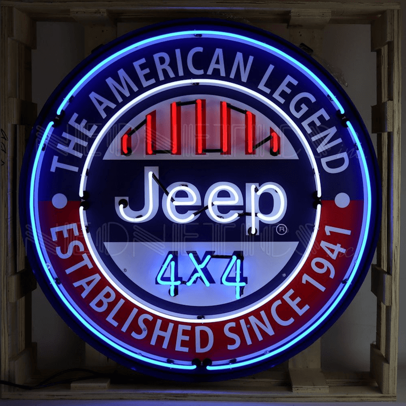 36-inch Neonetics Jeep The American Legend neon sign in black steel can with red, white, and blue glass neon.