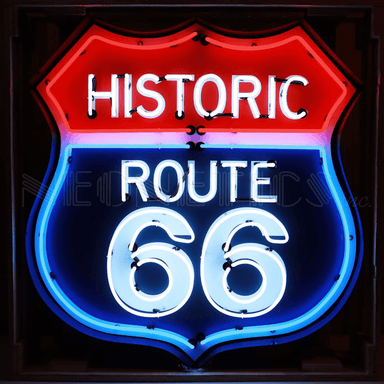 Neonetics Historic Route 66 neon sign in black shaped steel can with red, white, and blue hand-blown glass tubing.