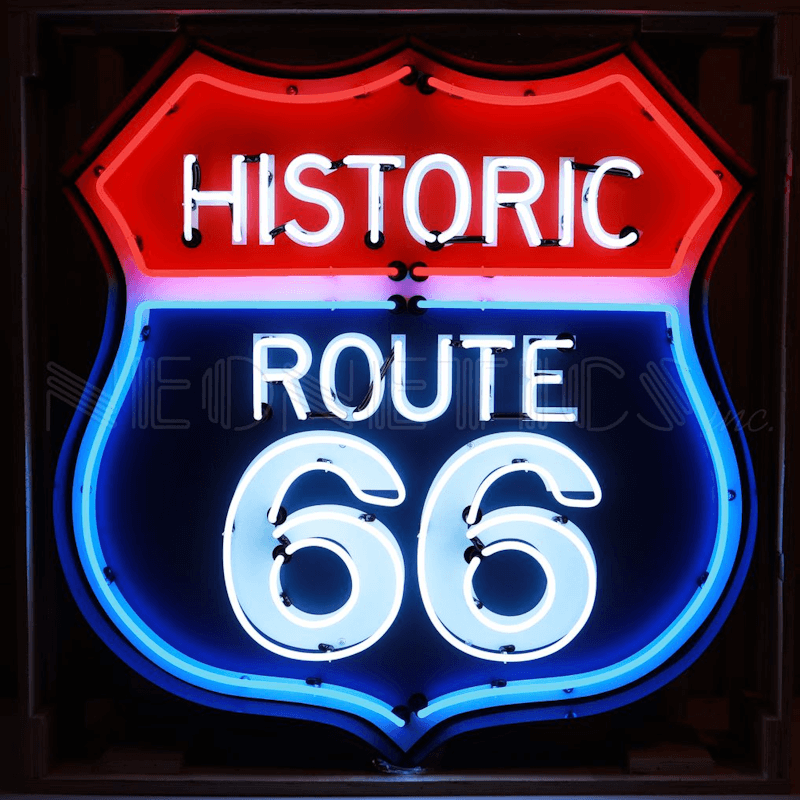 Neonetics Historic Route 66 neon sign in black shaped steel can with red, white, and blue hand-blown glass tubing.