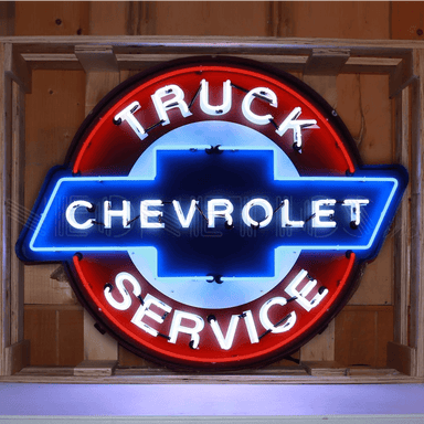 Neonetics Chevy Truck Service neon sign in shaped black steel can with red, white, and blue glass neon.