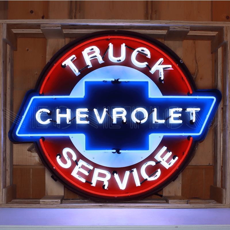 Neonetics Chevy Truck Service neon sign in shaped black steel can with red, white, and blue glass neon.