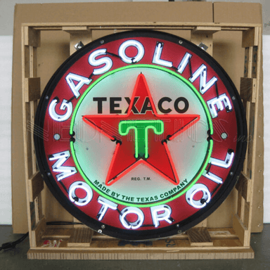 Neonetics Texaco Motor Oil 36-inch neon sign in black steel can with red, white, and green glass neon.