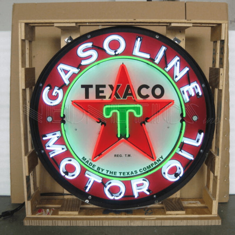 Neonetics Texaco Motor Oil 36-inch neon sign in black steel can with red, white, and green glass neon.