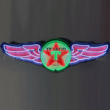 5-foot Neonetics Texaco Wings neon sign in black steel can with red, white, and green hand-blown glass neon.