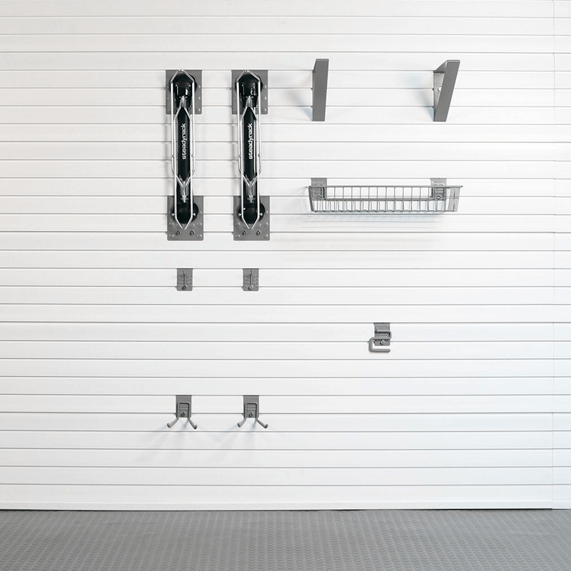 37-piece Premium Bike Bundle accessory layout featuring the Steadyrack brackets and utility hooks for multiple bikes.