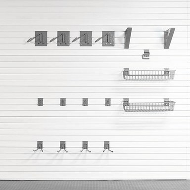28-piece Select Bike Bundle configuration illustrating the assortment of Rotating J Hooks and shallow baskets for bike gear.