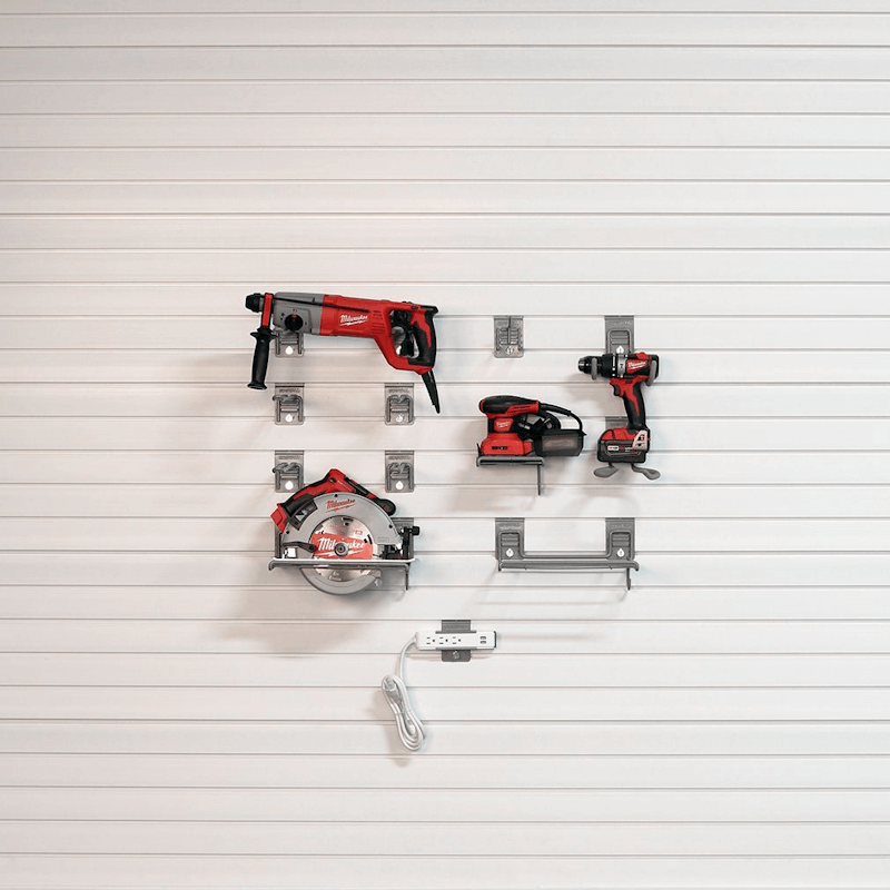 Organized power tool station utilizing the Select Bundle's power strip and specialized brackets to keep all handheld tools accessible.