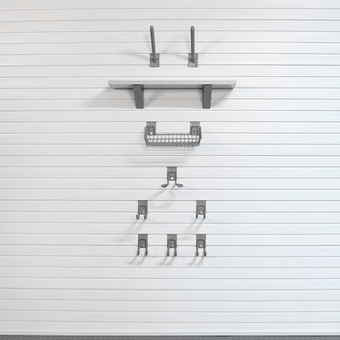 15lb Basic Fitness Bundle setup showing essential hooks and a single Barnwood shelf for a small, neatly organized home gym area.