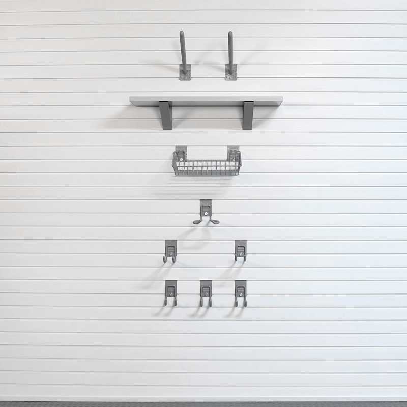 15lb Basic Fitness Bundle setup showing essential hooks and a single Barnwood shelf for a small, neatly organized home gym area.